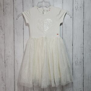 Castro Girl's Ivory Knit Dress Tulle Skirt Size 6-8 Y Sequin Heart Short Sleeve.